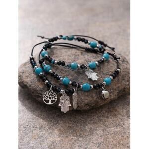 Boho Charm Bracelet Set Turquoise Black Beaded Adjustable  Hamsa Tree of Life